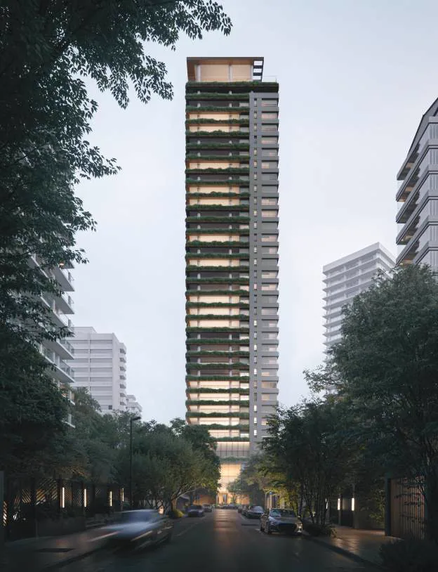 Perspectiva ilustrada da fachada frontal do Atílio 870, torre única iluminada ao entardecer vista da rua arborizada