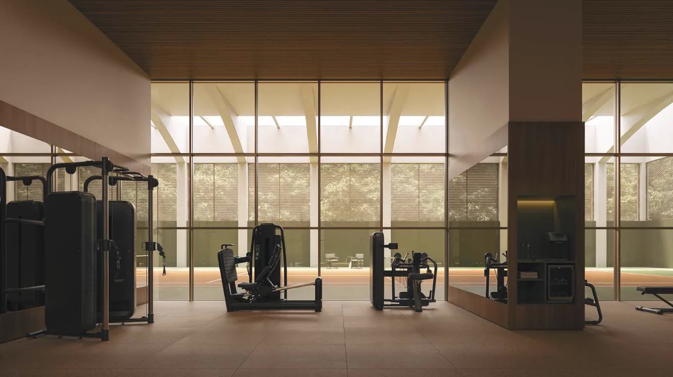Perspectiva ilustrada do fitness do Atílio 870 com equipamentos e vista para o verde