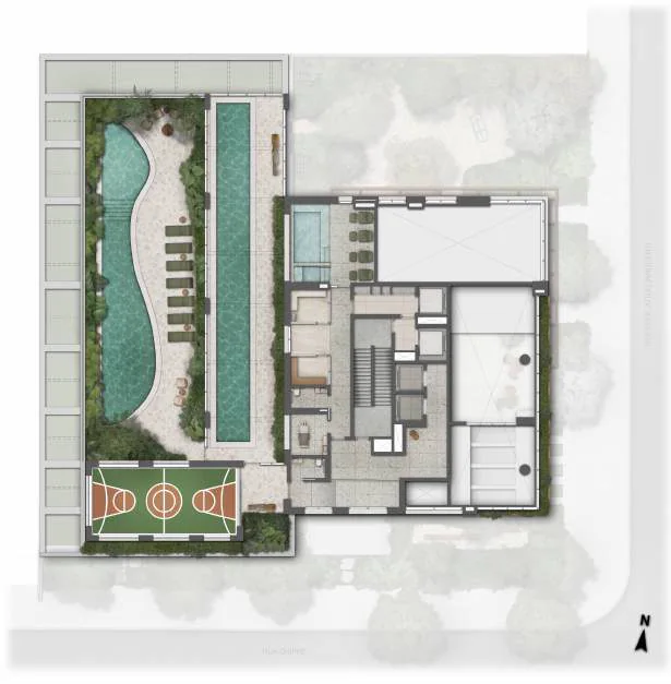 Planta de implantação do 2º pavimento de lazer, com espaço wellness, saunas, piscinas e quadra recreativa