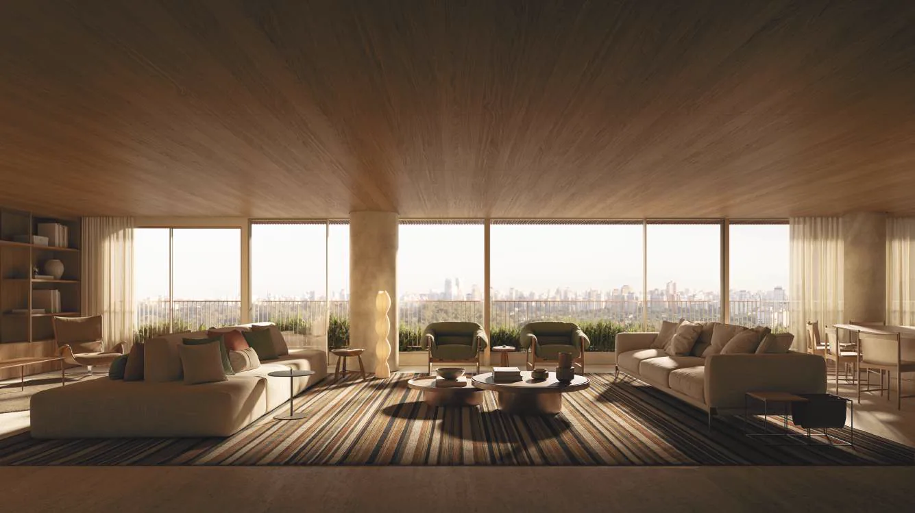 Perspectiva ilustrada do living do apartamento-tipo, com pé-direito em madeira e vista panorâmica de São Paulo