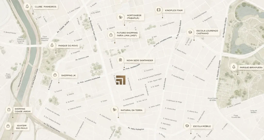 Mapa da região do Atílio 870 destacando Shopping JK, Parque Ibirapuera, Parque do Povo, Clube Pinheiros, escolas e a futura sede do Santander