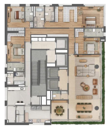 Planta do apartamento tipo de 361 m² com 4 suítes, living ampliado e terraço