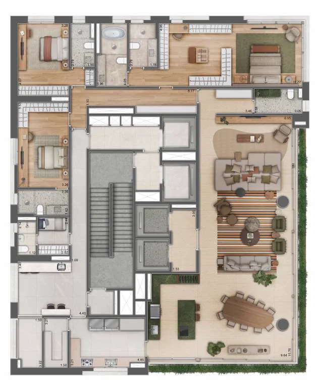 Planta opção 2 de 361 m² com três suítes, banho sr. e sra., sala ampliada com gourmet e lavabo reposicionado