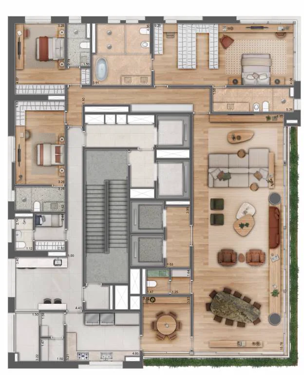Planta opção 3 de 361 m² com três suítes, sala ampliada, banho master e banho sr.