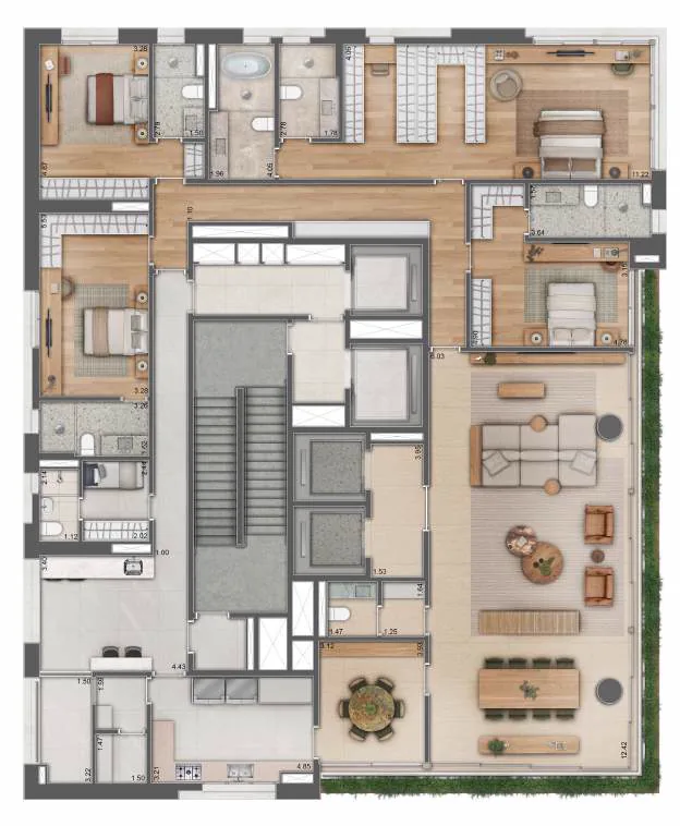 Planta-padrão de 361 m² com quatro suítes, living, cozinha e terraço