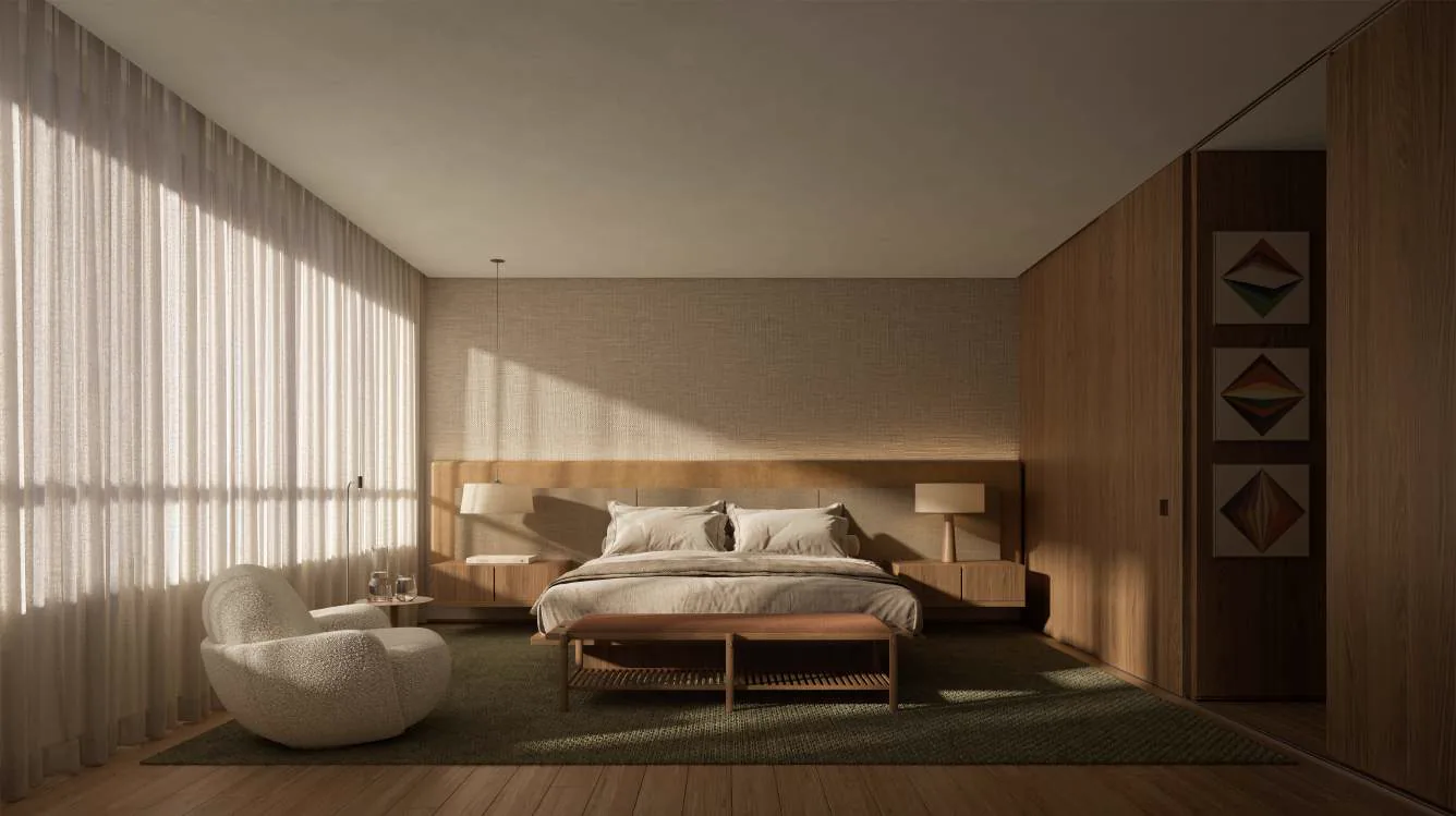 Perspectiva ilustrada da suíte master do apartamento-tipo, com marcenaria em madeira e luz natural filtrada